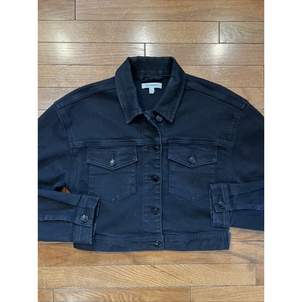 Good American Cropped Denim Jacket Womens 0 Black Trucker XS Fitted Jean